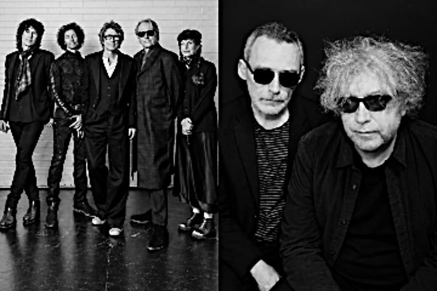 Two black and white photographs side by side - one of a close-up The Jesus and Mary Chain sporting sunglasses and the other one is of The Psychedelic Furs band members standing alongside each other against a white tiled backdrop