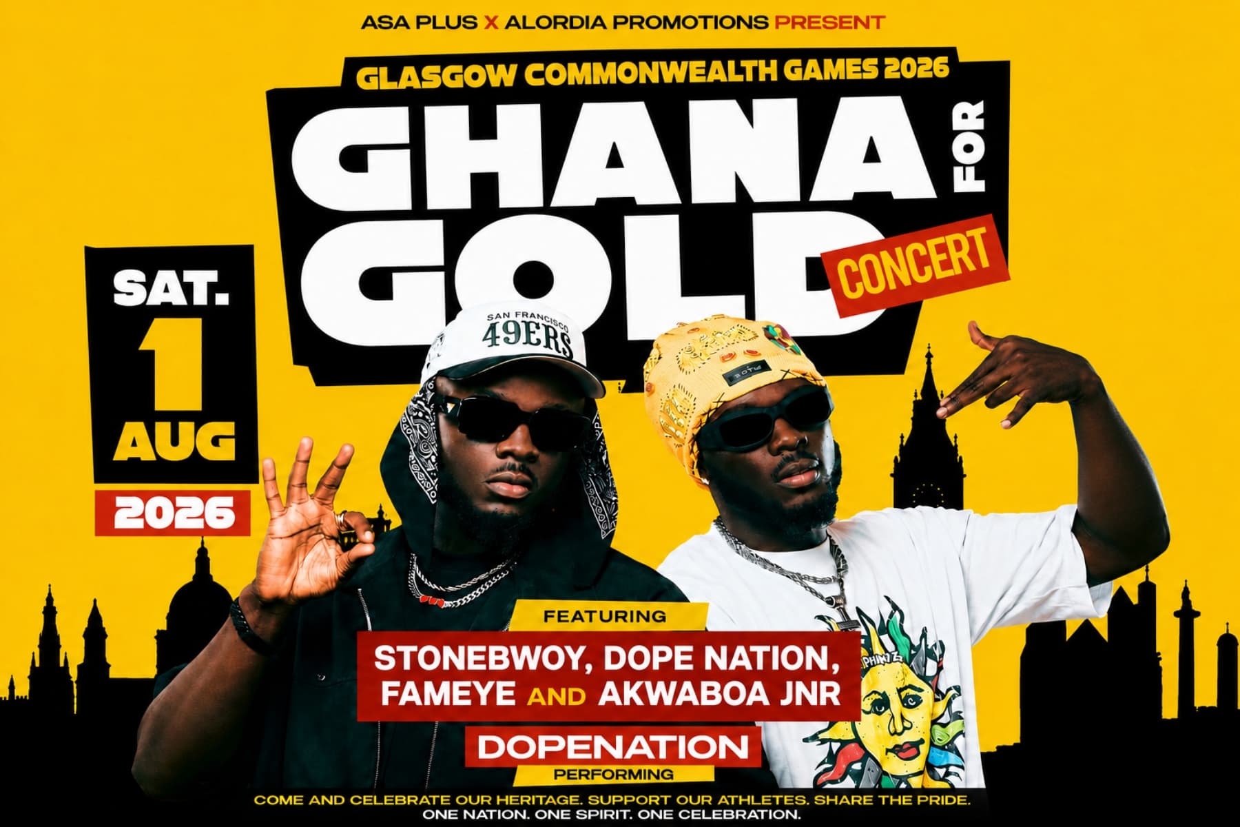 Image shows artists wearing glasses and hats on yellow backdrop