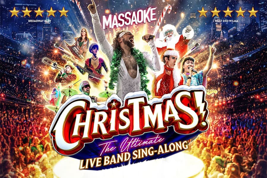 Image shows band members performing and reads Massaoke Christmas the ultimate live band sing-along
