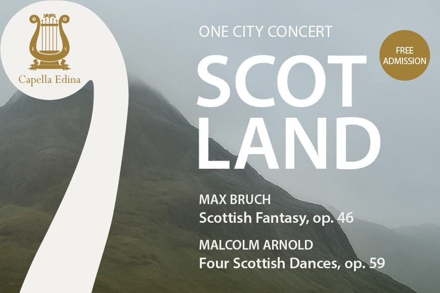 Misty Scottish mountain with Capella Edina logo and text saying Scotland on top