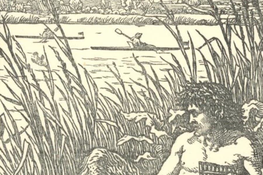 Etching of Pan lying on a river bank holding pan pipes. Two canoe-like boats are on on the river