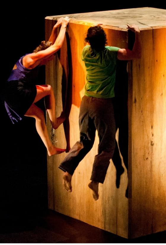 People scaling up a large wooden box as part of a performance from Bouce! Edinburgh Children's Festival 2017 (c) Gaelic Fr