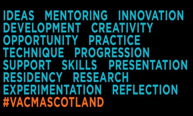 List of words associated with the grants scheme e.g mentoring, innovation, creativity.  Hashtag VACMA Scotland is at the foot of the image