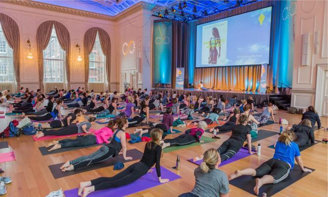 Yoga class at the Wellbeing Festival, in the Music Hall at the Assembly Rooms
