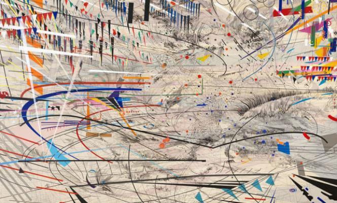 A brightly coloured picture with lines and shapes named stadia1 by julie mehretu